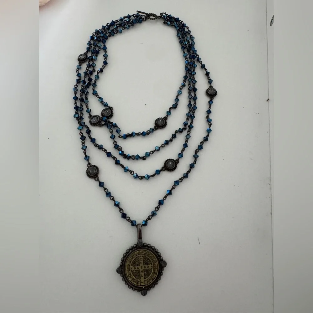 Virgins Saints & Angels Navy Blue and Gunmetal San Benito Medallion Necklace - Picture 2 of 7